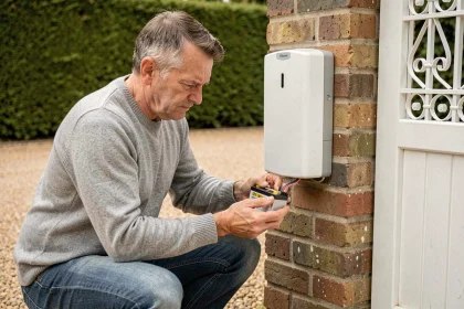 Homme changeant la pile de batterie d'un portail automatique devant une maison résidentielle