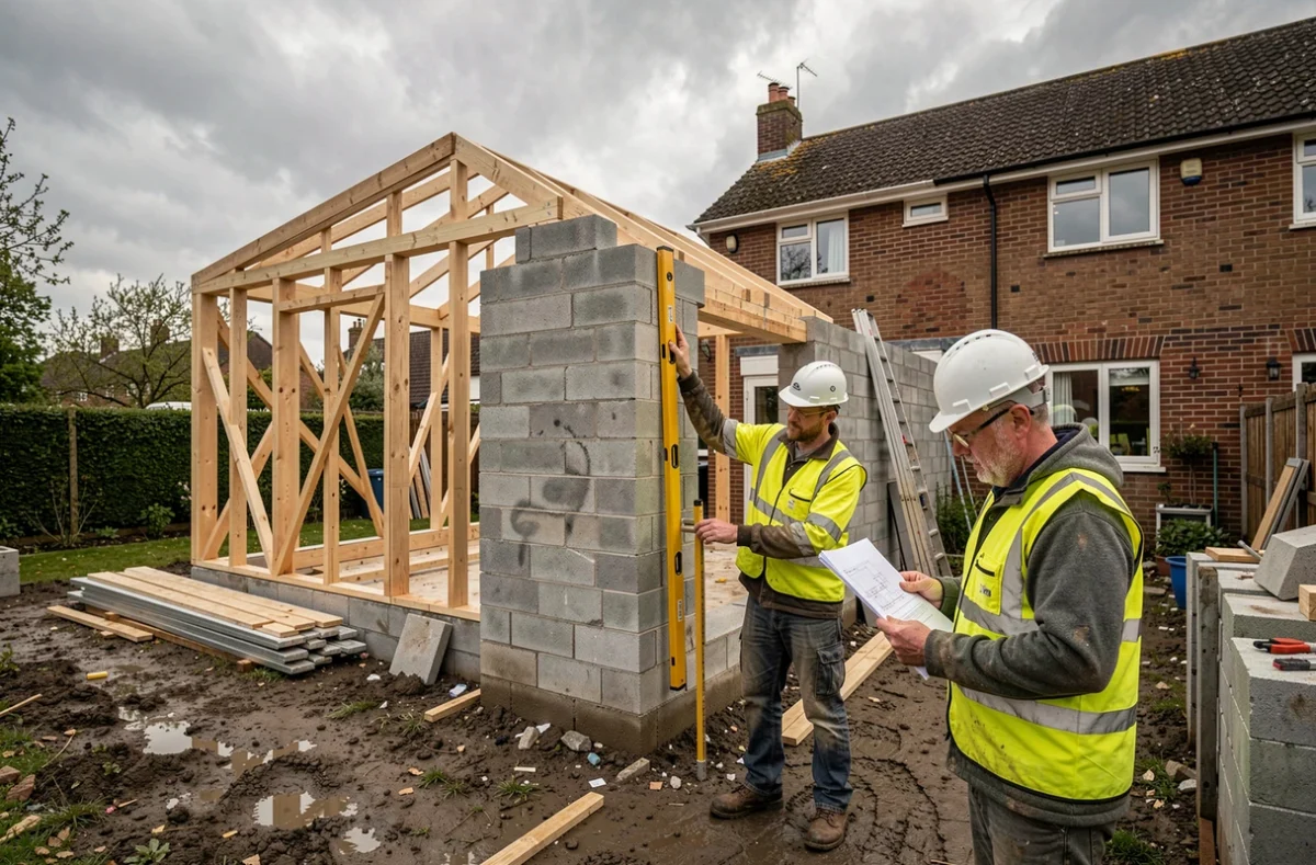 Chantier d'extension de maison avec ouvriers inspectant les travaux de construction en cours