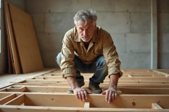 Charpentier inspectant des solives de plancher en bois dans une maison en cours de rénovation