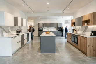 Showroom de cuisinistes dans les Côtes-d'Armor avec plusieurs modèles de cuisines exposés
