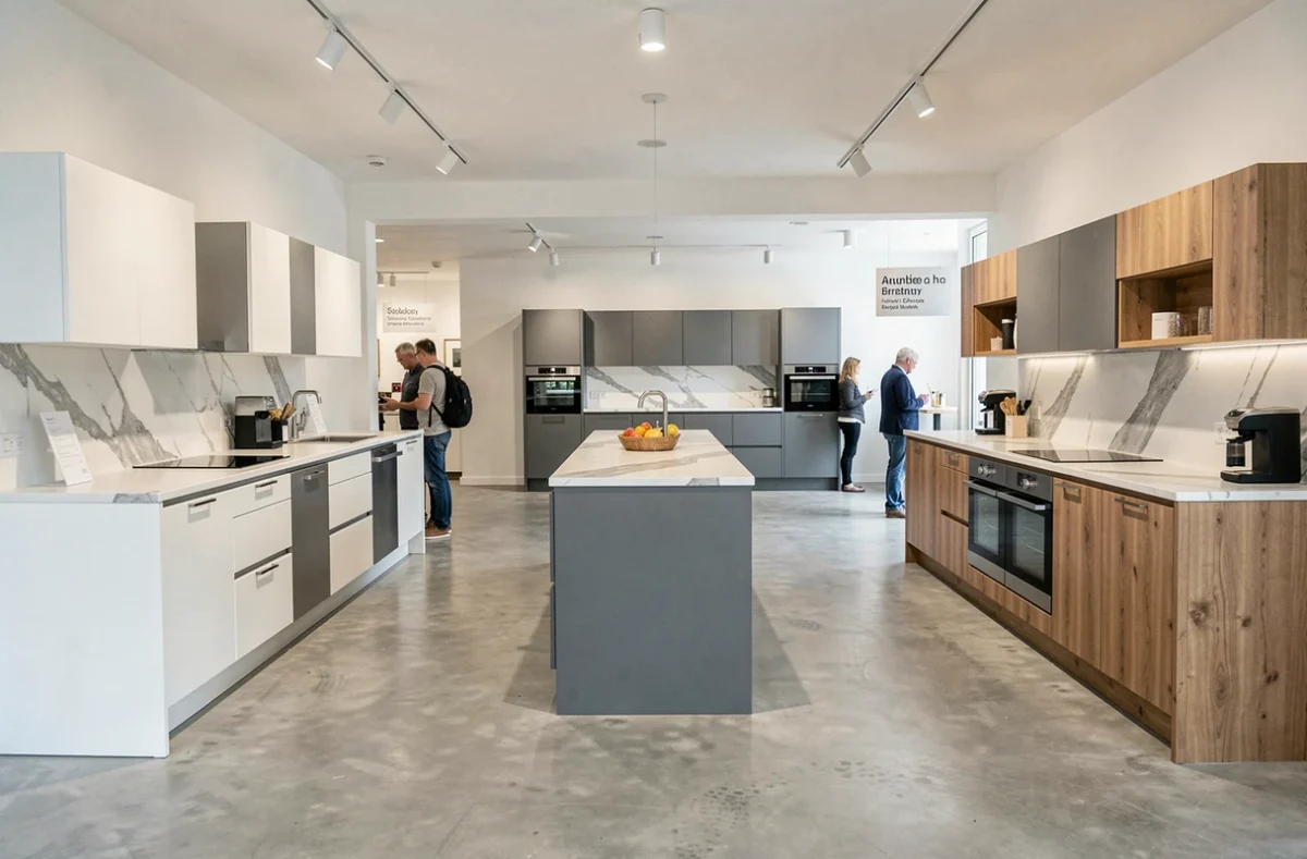 Showroom de cuisinistes dans les Côtes-d'Armor avec plusieurs modèles de cuisines exposés
