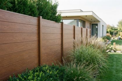 Clôture composite en lames horizontales effet bois chataîgnier installée le long d'un jardin résidentiel moderne avec végétation naturelle au pied des panneaux