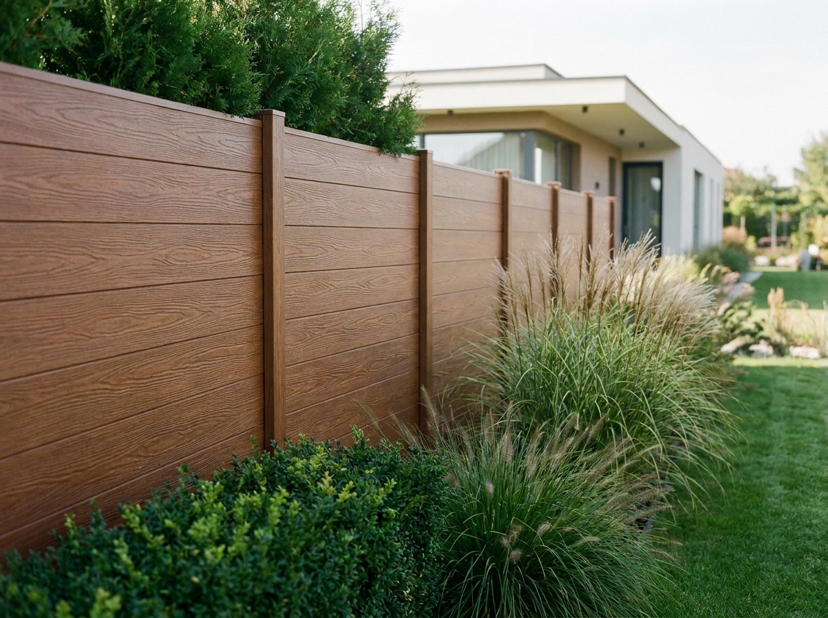 Clôture composite en lames horizontales effet bois chataîgnier installée le long d'un jardin résidentiel moderne avec végétation naturelle au pied des panneaux