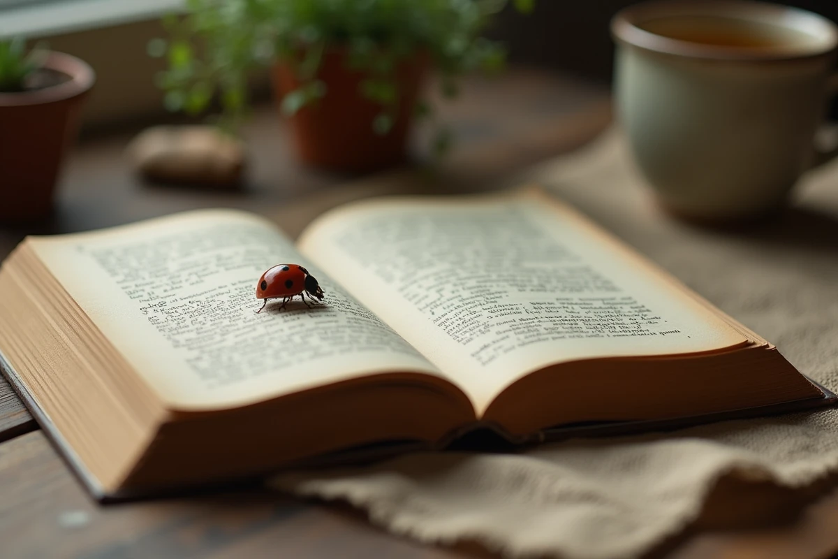 Coccinelle marchant sur les pages d'un vieux livre ouvert, symbolisme et spiritualité