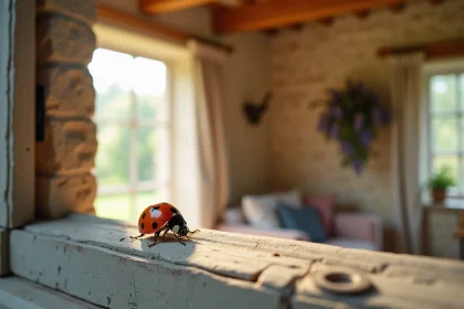 Coccinelle rouge posée sur un rebord de fenêtre en bois dans une maison de campagne française