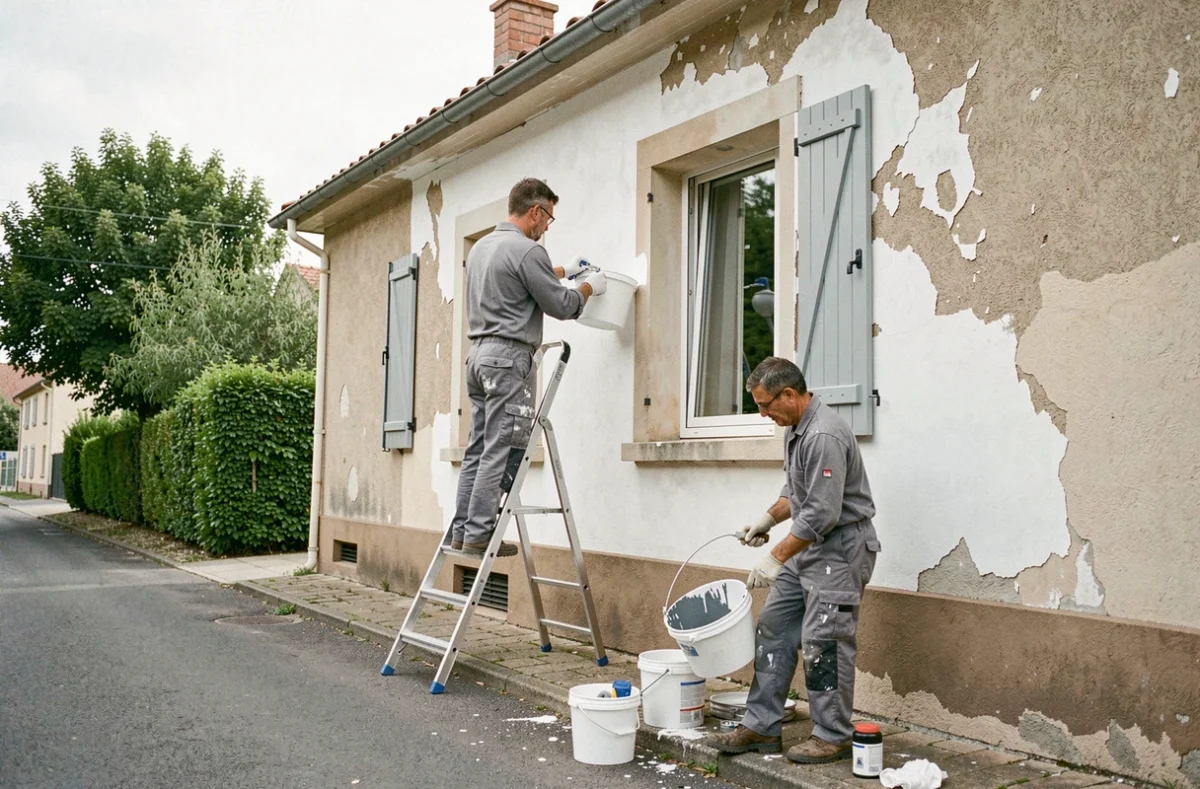 Équipe de Color Rénovation en train de rénover la façade d'une maison dans le Rhône