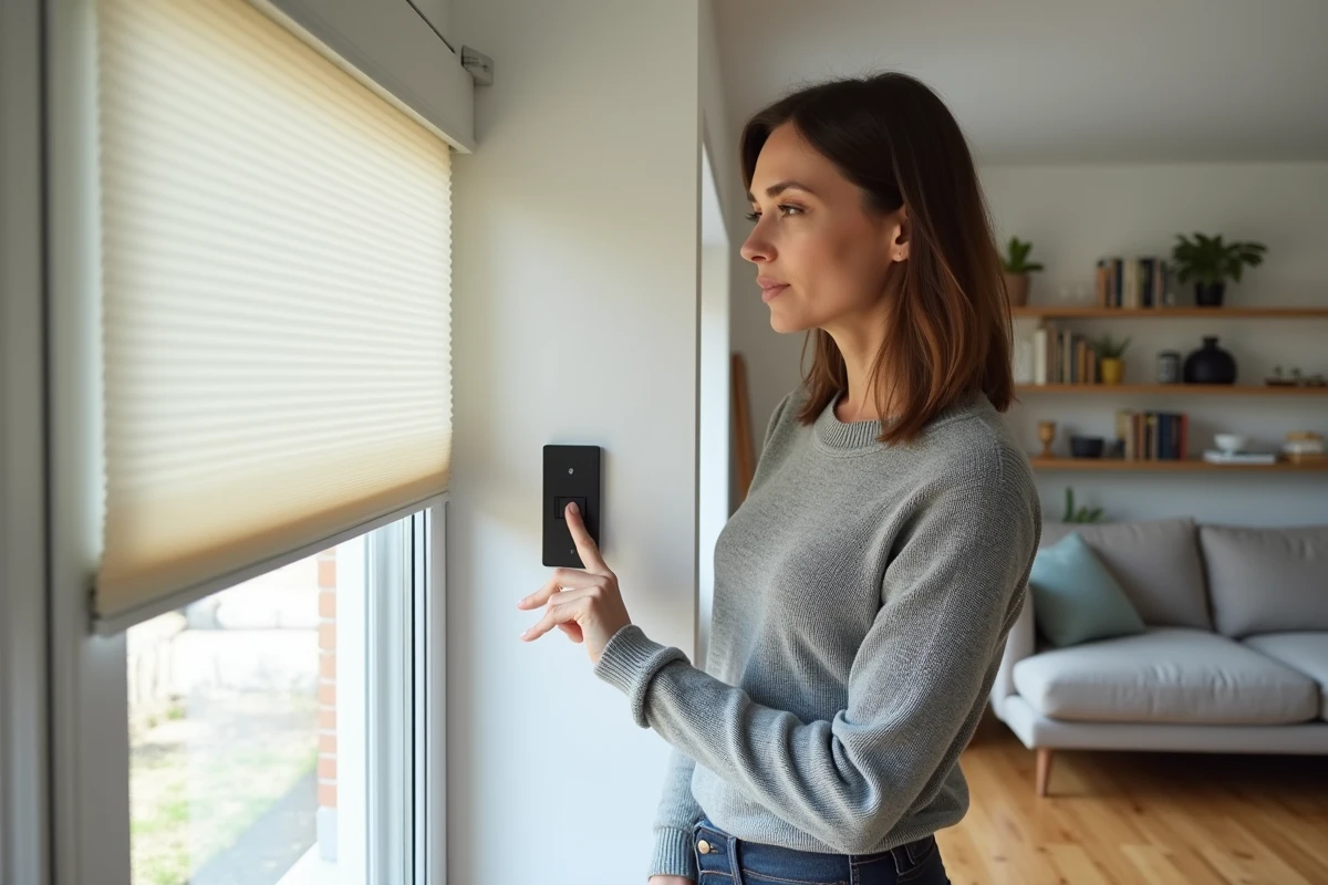 Femme testant la commande murale d'un volet roulant Bubendorff qui ne répond plus