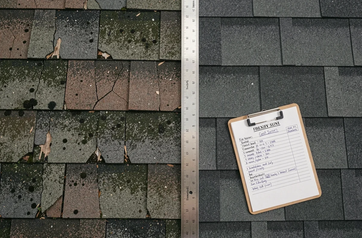 Comparaison détaillée entre anciens bardeaux de shingle dégradés et nouveaux bardeaux installés lors d'une rénovation de toiture