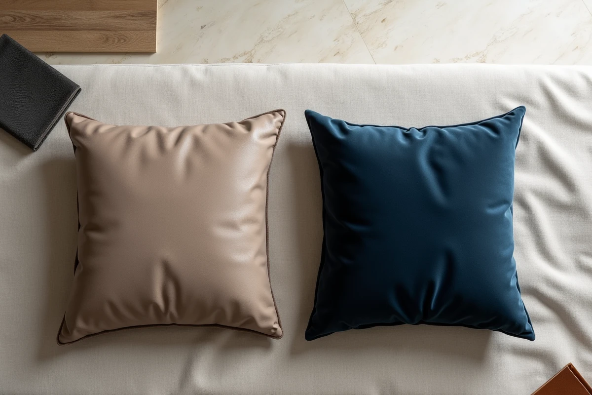 Comparaison entre un coussin en cuir aniline taupe et un coussin en velours bleu marine pour le choix du revêtement de canapé