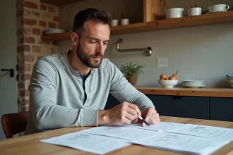Homme comparant plusieurs devis de rénovation sur une table en bois dans une cuisine en travaux