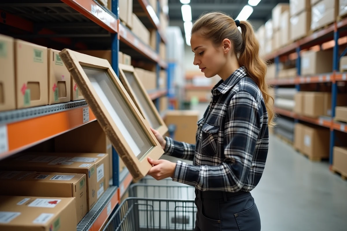 Femme comparant deux modèles de fenêtres de toit en rayon de magasin de bricolage selon leurs dimensions