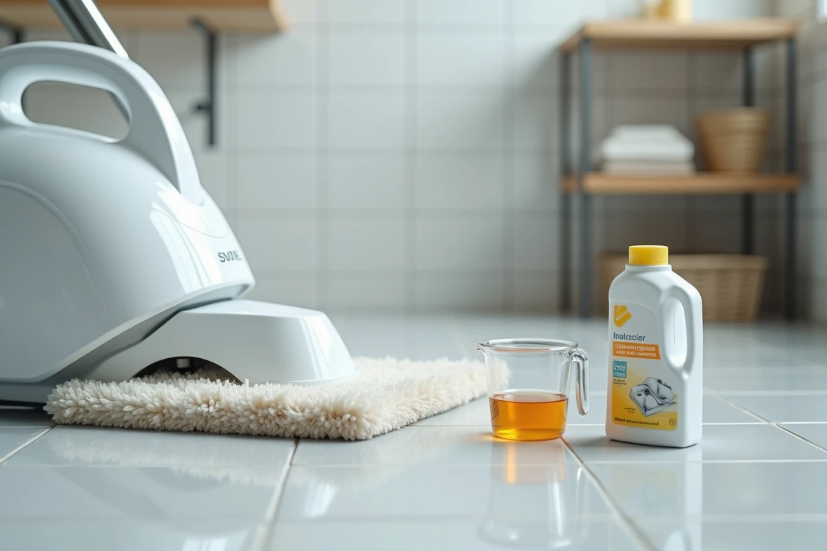 Comparaison entre lessive et produit spécial shampouineuse posés sur le sol d'une buanderie