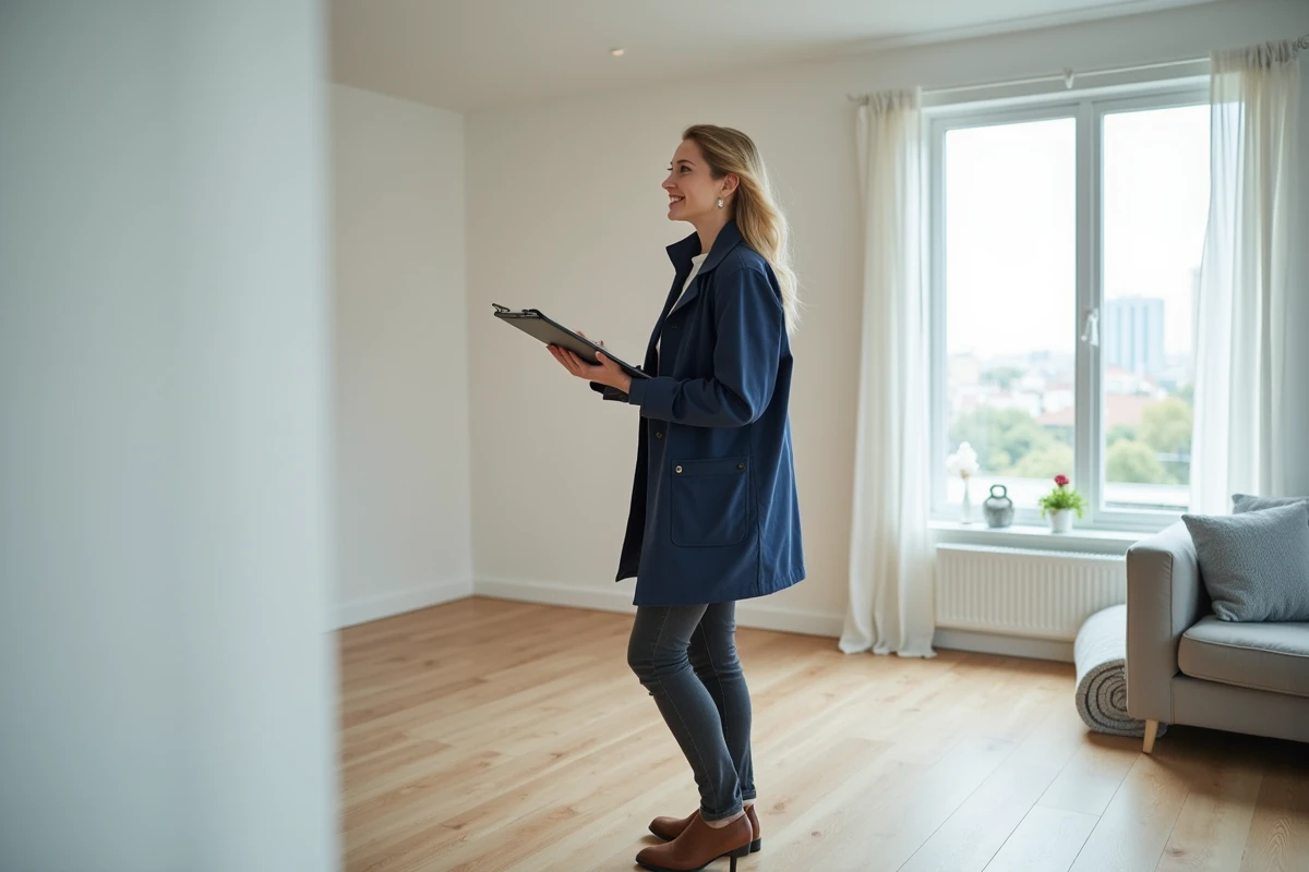 Consultante en rénovation présentant un plancher en bois avec sous-couche d'isolation acoustique