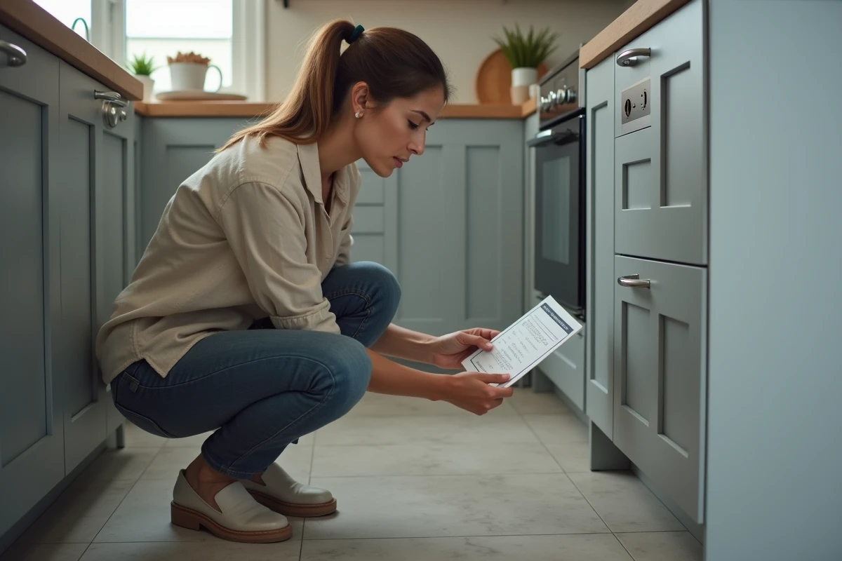 Propriétaire vérifiant la conformité d'une prise double Legrand dans une cuisine moderne avec liste de contrôle électrique