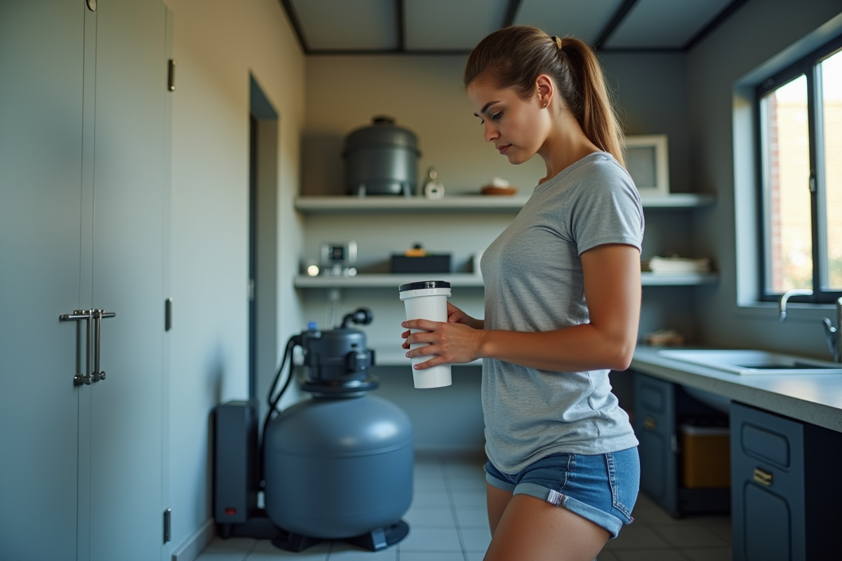 Femme examinant un filtre de piscine dans une pièce technique