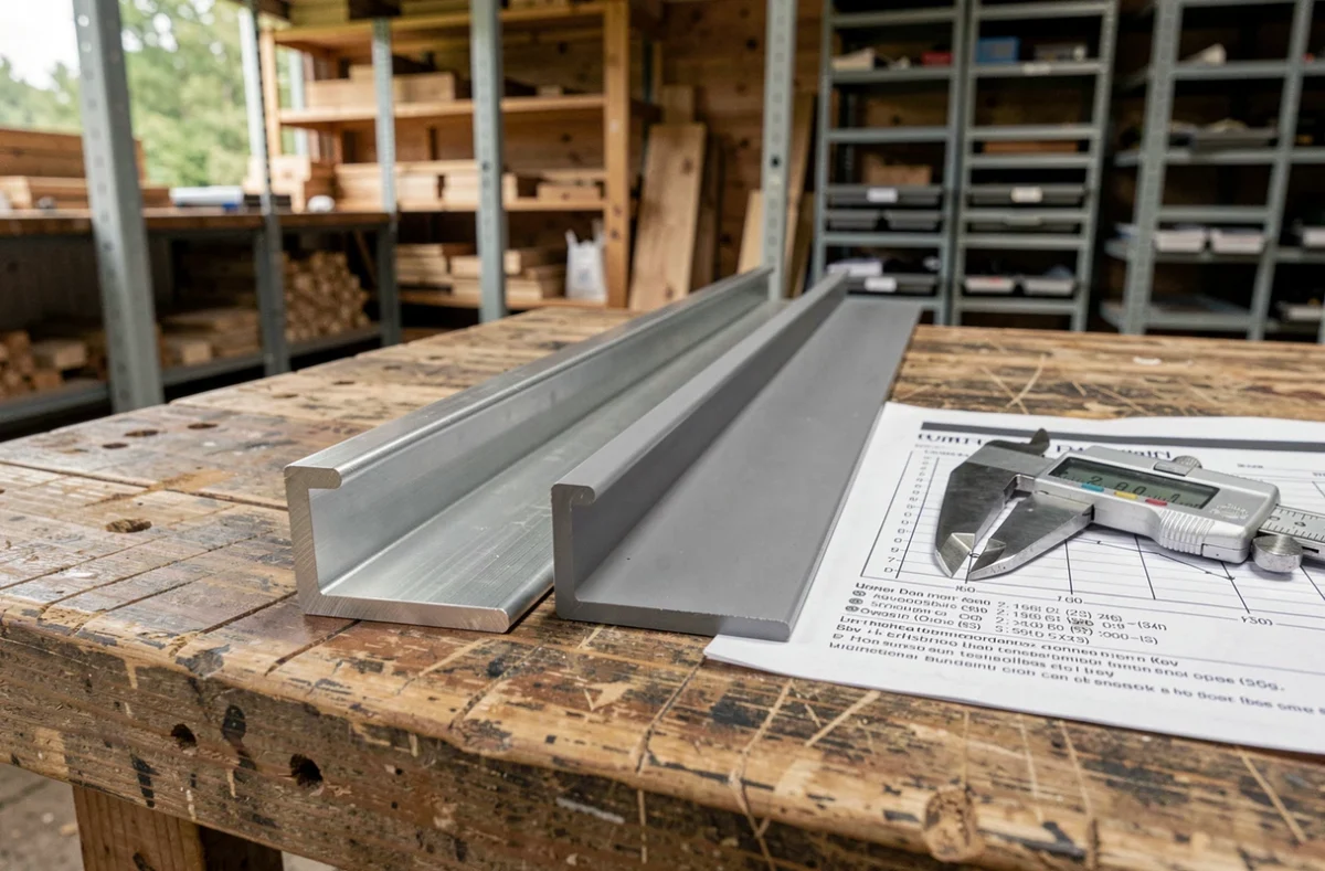 Comparaison de cornières aluminium extérieures de différentes épaisseurs et traitements de surface sur un établi d'atelier
