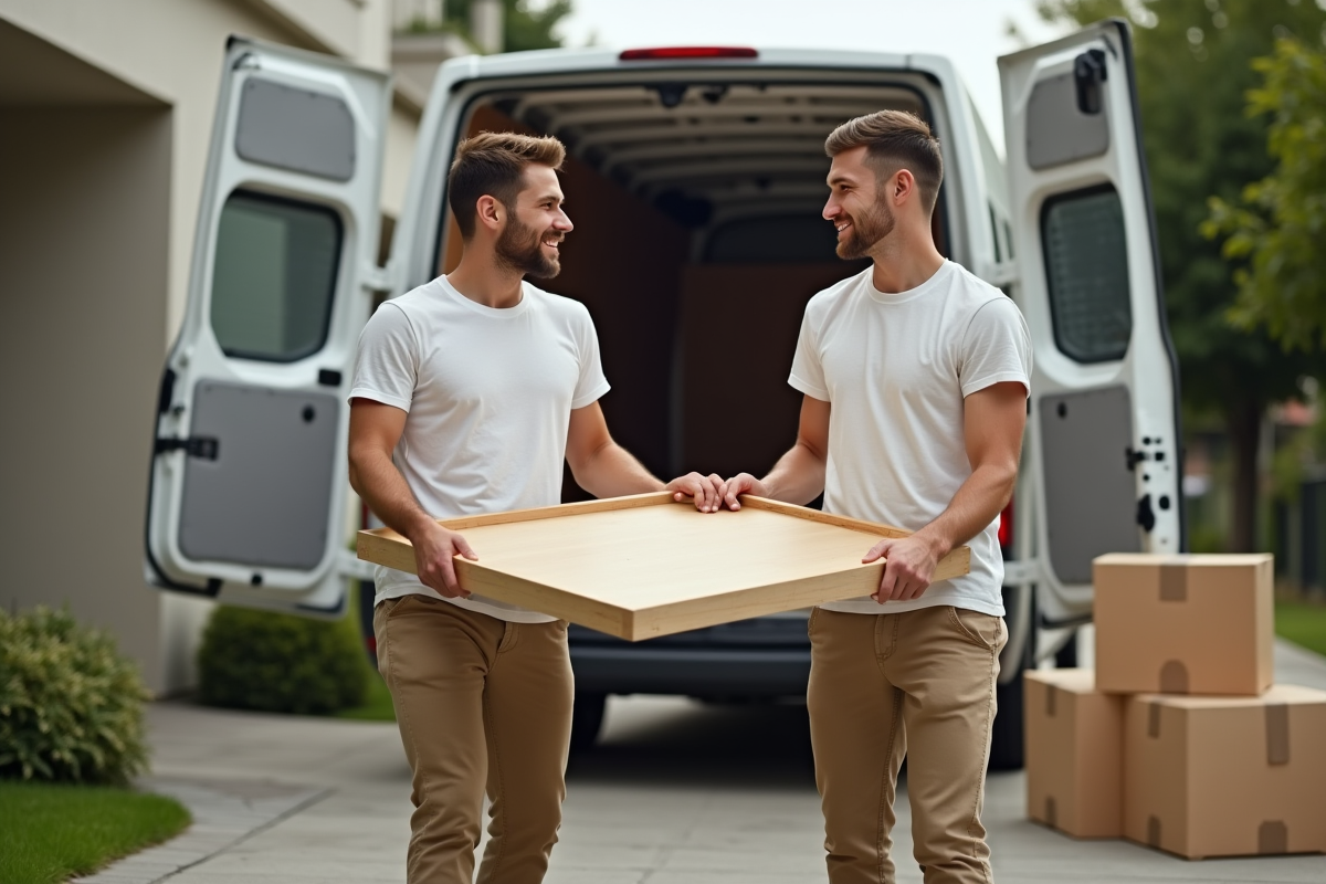 Jeune couple portant une table en bois près d un camion de déménagement