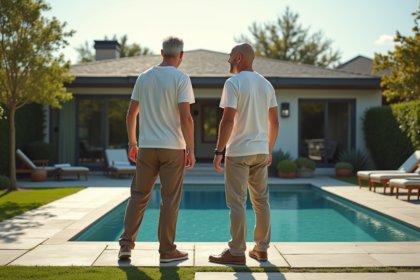 Couple discutant près de la piscine dans le jardin