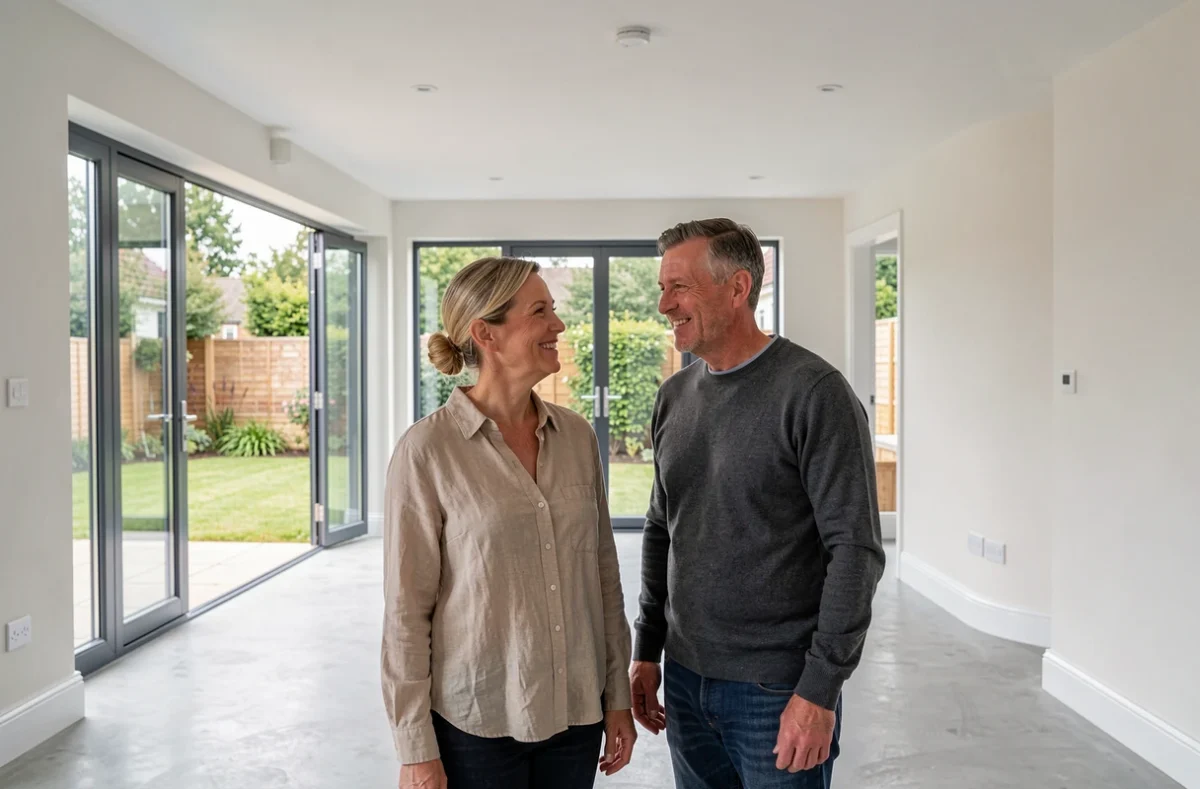 Couple satisfait découvrant leur extension de maison récemment achevée avec vue sur jardin