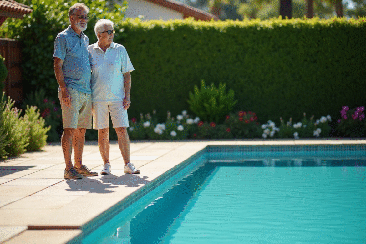 Couple d'adultes près d'une piscine en carrelage lisse