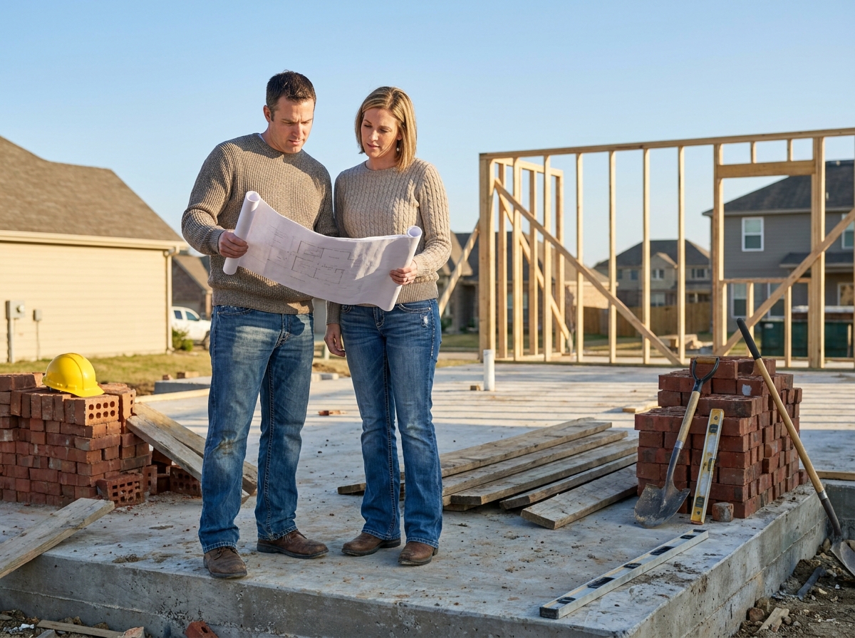 Un couple de particuliers consulte des plans architecturaux sur un chantier de construction de maison individuelle