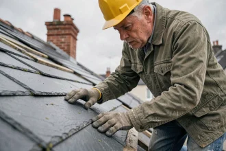 Couvreur inspectant des ardoises 32x22 sur un toit en pente, vérifiant les joints et recouvrements pour détecter les risques d'infiltration d'eau
