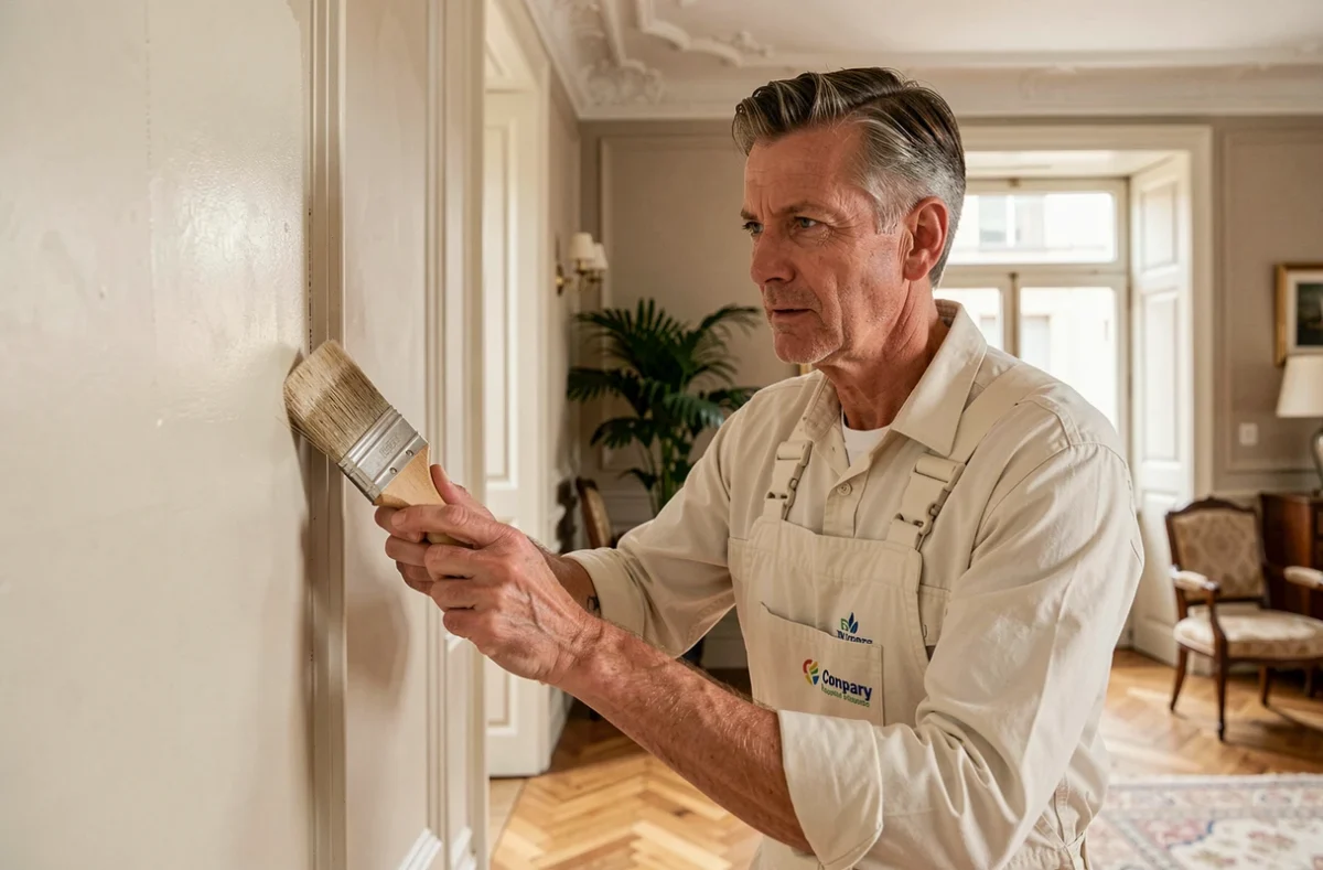 Peintre en bâtiment de Crequi Peinture et Decoration réalisant une découpe précise dans un appartement lyonnais classique