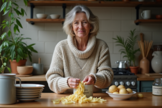 Femme d'âge moyen épluchant des pommes de terre dans une cuisine chaleureuse