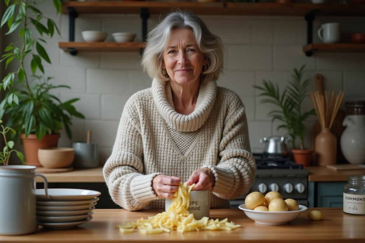 Femme d'âge moyen épluchant des pommes de terre dans une cuisine chaleureuse