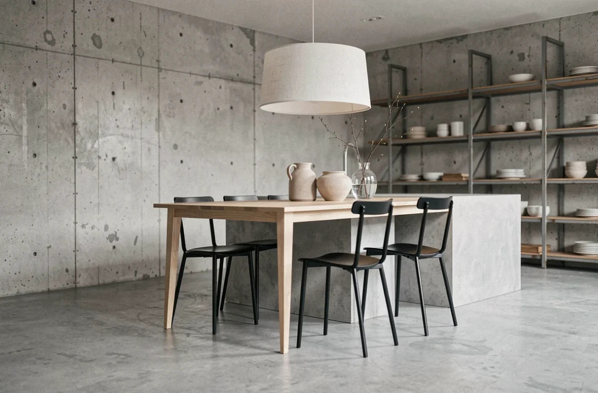 Cuisine et salle à manger style loft avec sol béton brut, table en chêne blanc et îlot en béton coulé