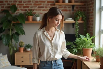 Jeune femme arrangeant des objets ecofriendly dans un appartement à Lille