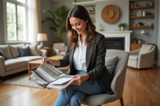 Femme stylée en blazer et jeans dans un salon lumineux