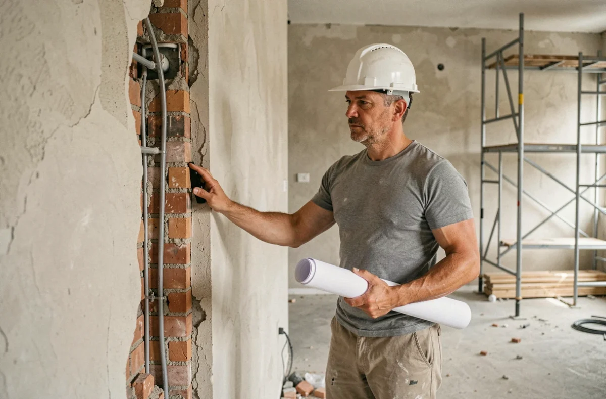 Artisan en tenue de chantier examinant un mur non porteur en cours de démolition dans un appartement en rénovation