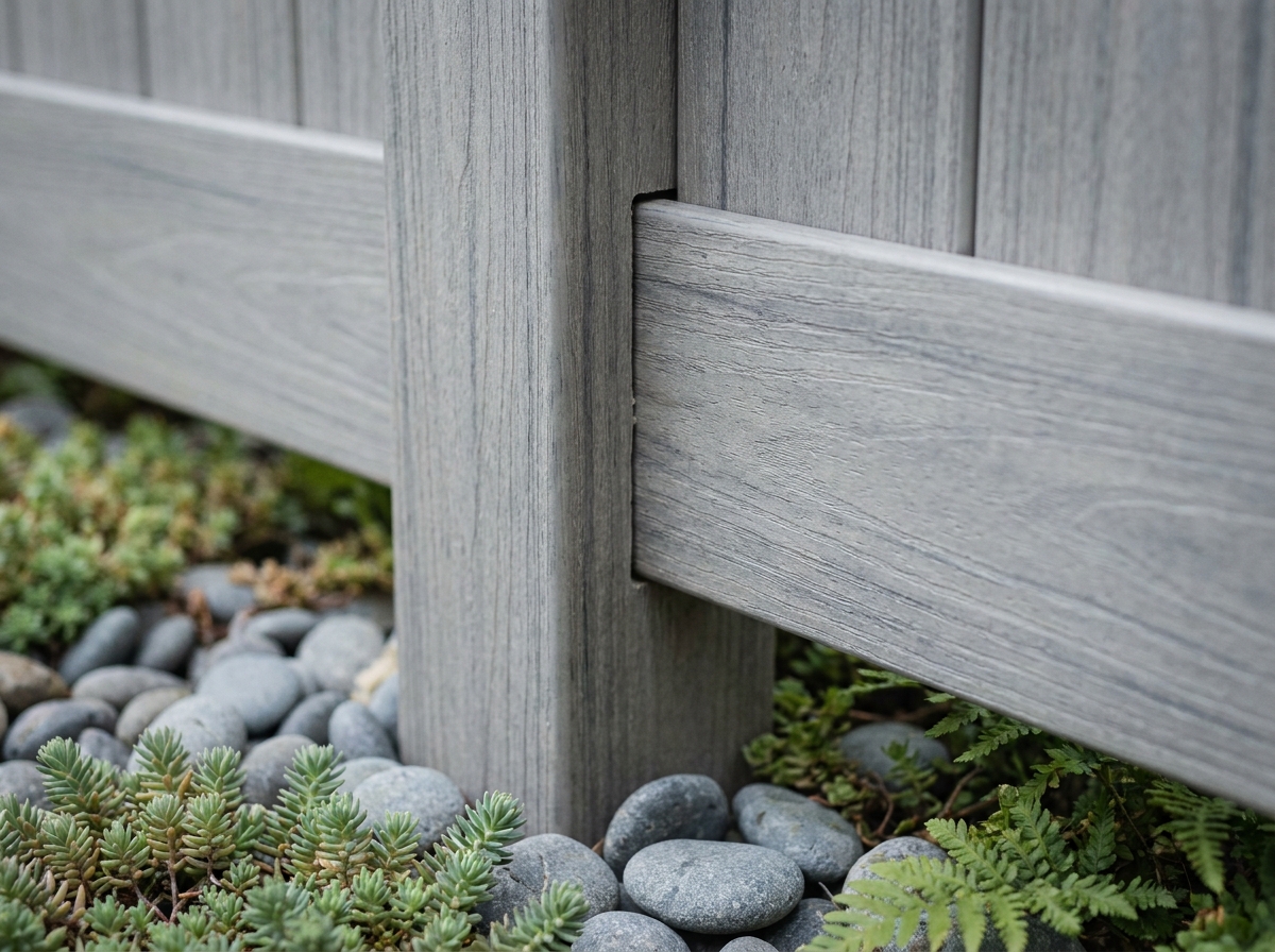 Gros plan sur l'assemblage précis d'un poteau et d'un panneau de clôture composite gris effet bois avec détail de texture et lit de pierres naturelles au sol
