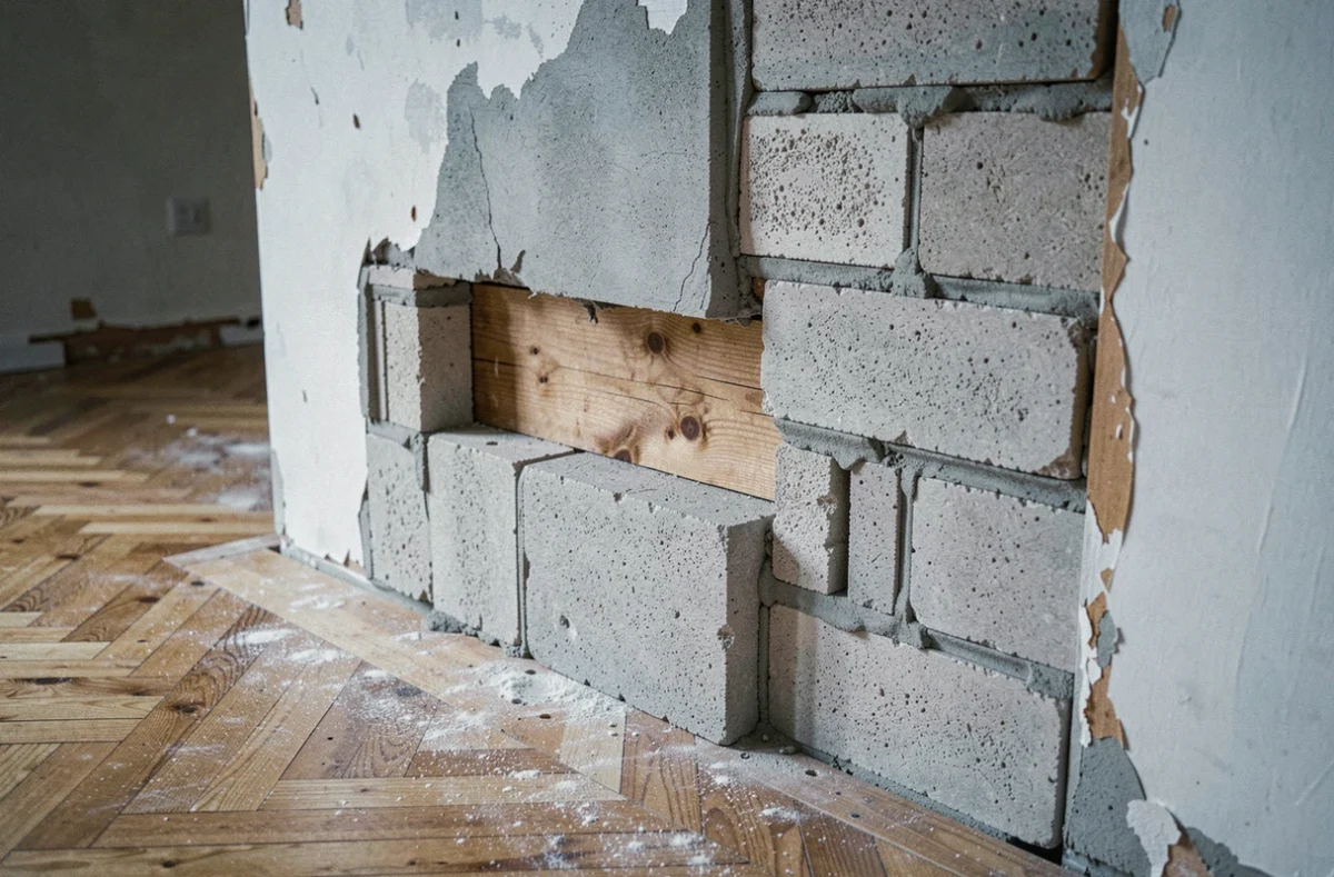 Détail en coupe d'un mur de refend en parpaing avec poutre bois encastrée dans une maison en rénovation