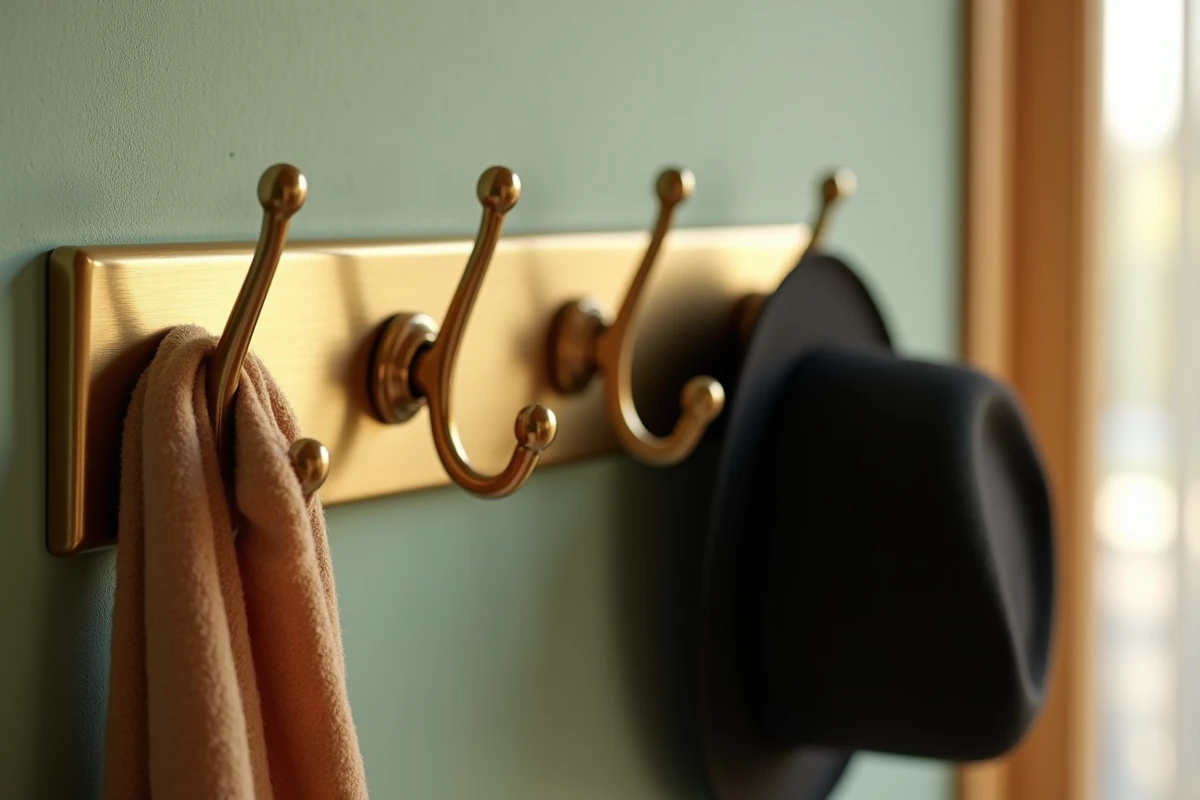Gros plan sur un porte-manteau mural doré style Art Déco avec écharpe cachemire et chapeau en feutre
