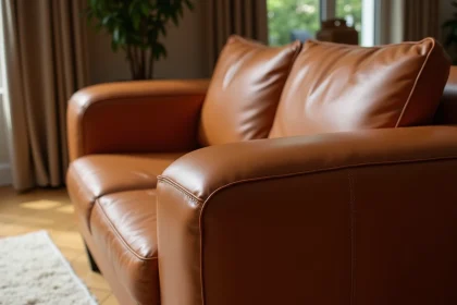 Détail de la texture naturelle d'un canapé en cuir aniline cognac avec coutures apparentes dans un salon contemporain