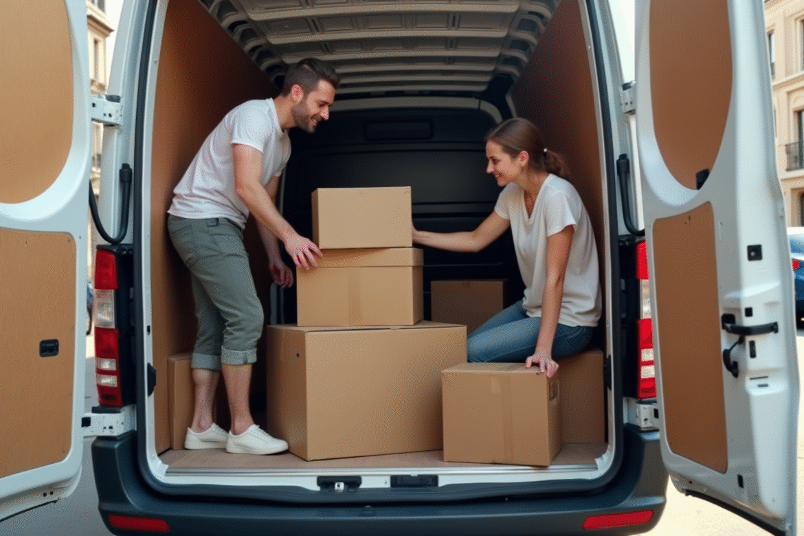 Homme et femme organisant des cartons dans un camion en plein jour