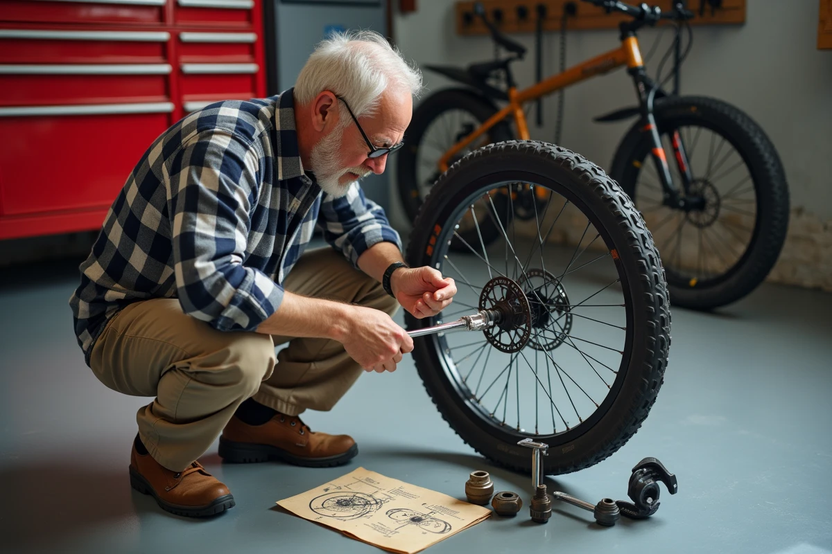 Homme dans un garage dévissant un boulon de vélo avec une clé hexagonale en consultant un schéma de référence