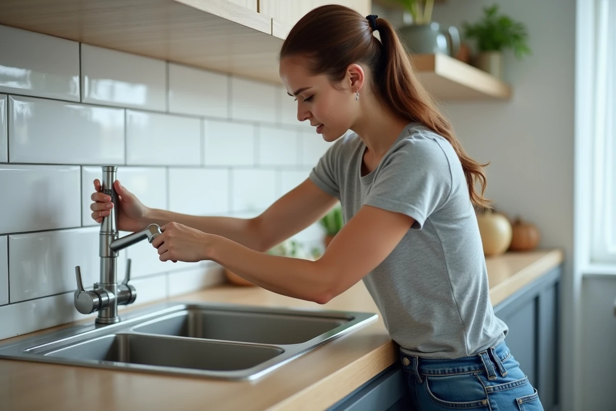 Femme dévissant un raccord de plomberie chromé sous un évier de cuisine avec les deux mains