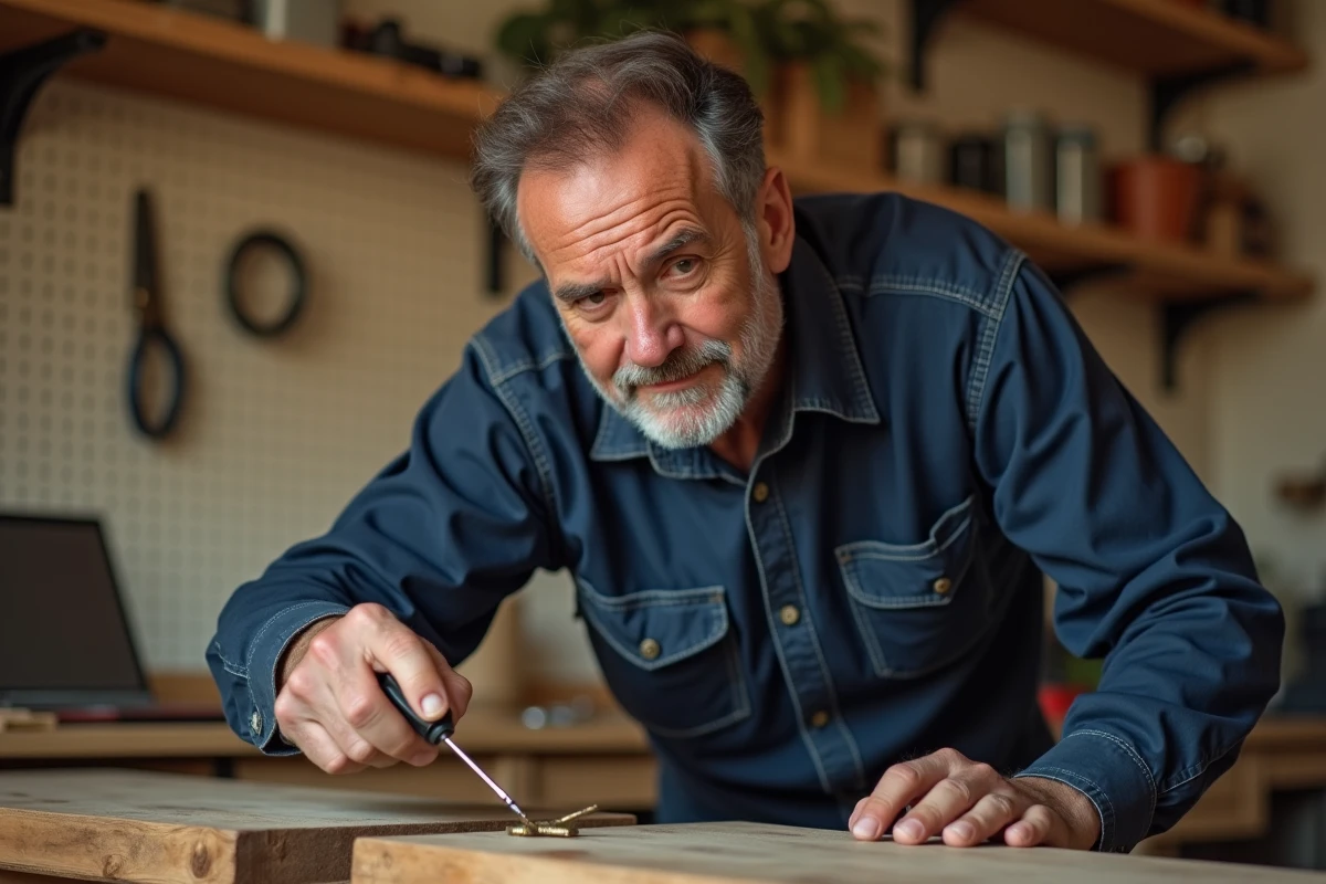 Homme utilisant un tournevis pour dévisser une vis dans le sens antihoraire sur un meuble en bois dans un atelier