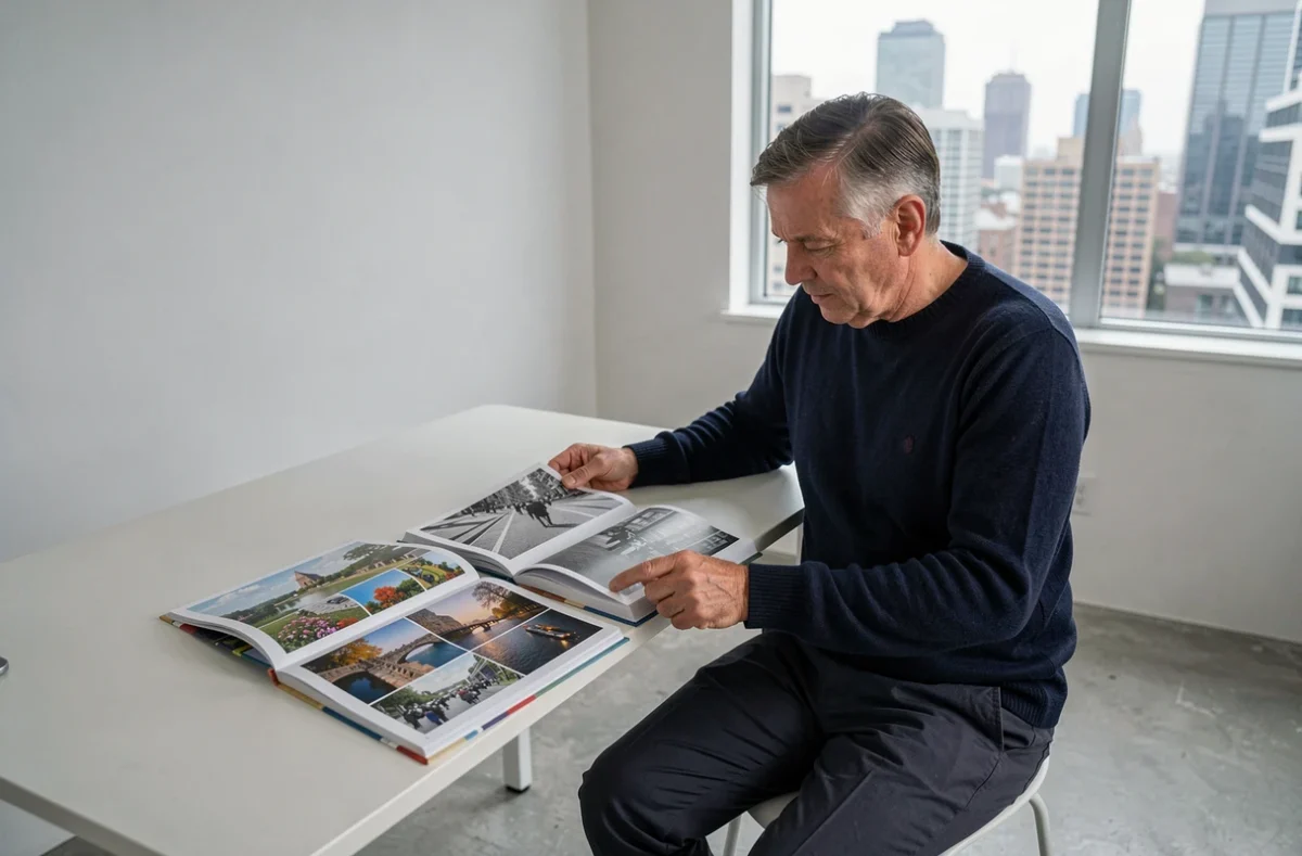 Directeur artistique comparant des livres photo en couleur et en noir et blanc sur un bureau moderne