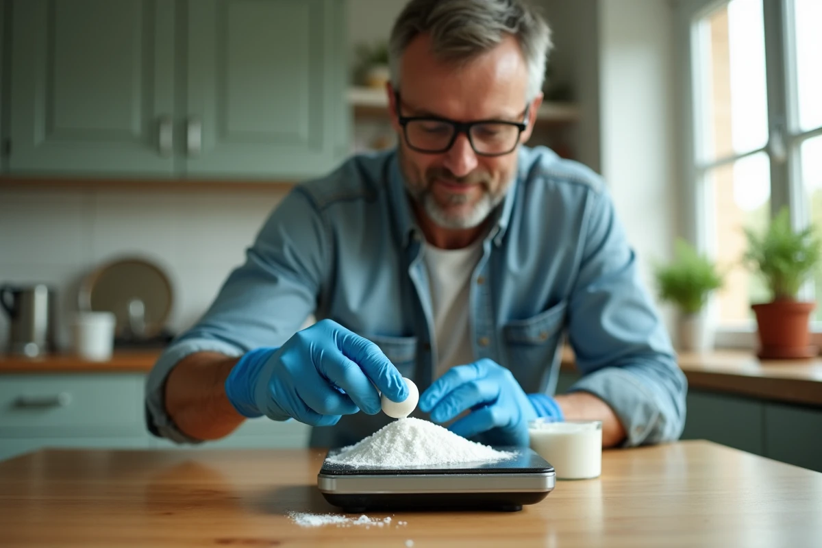 Homme portant des gants et des lunettes de sécurité dosant de l'acide citrique en poudre sur une balance de cuisine pour une utilisation domestique sécurisée