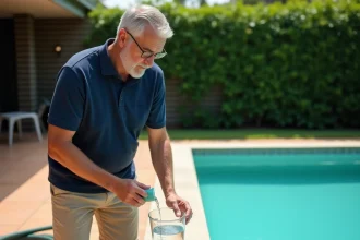 Homme mesurant la dose d'eau de javel pour traitement choc d'une piscine de 50 m3 avec verre doseur gradué au bord du bassin