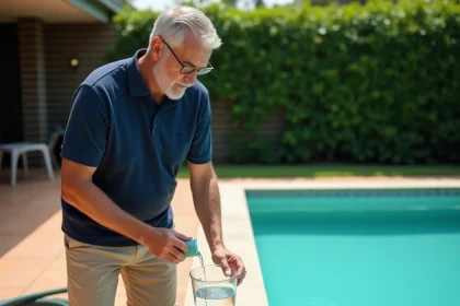 Homme mesurant la dose d'eau de javel pour traitement choc d'une piscine de 50 m3 avec verre doseur gradué au bord du bassin