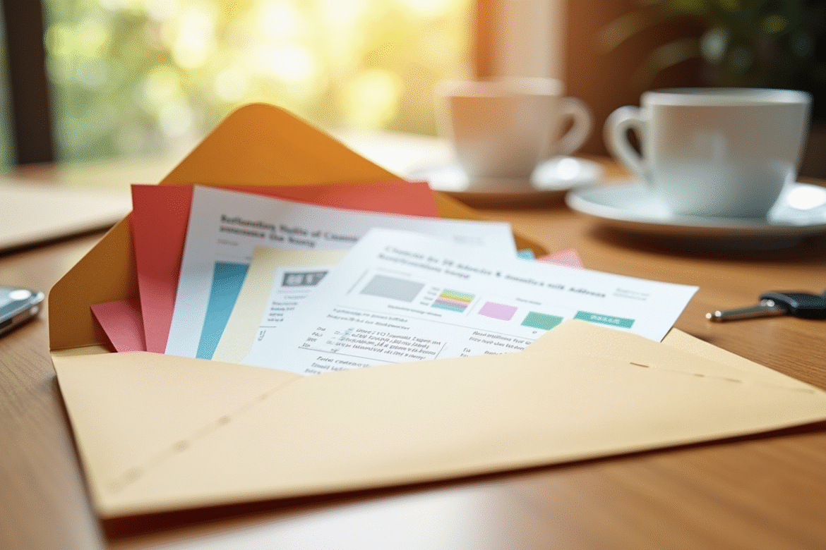 Enveloppe ouverte avec documents et formulaires de changement d'adresse sur un bureau lumineux