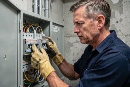 Électricien examinant un tableau électrique avec disjoncteurs de type A et AC lors d'une rénovation