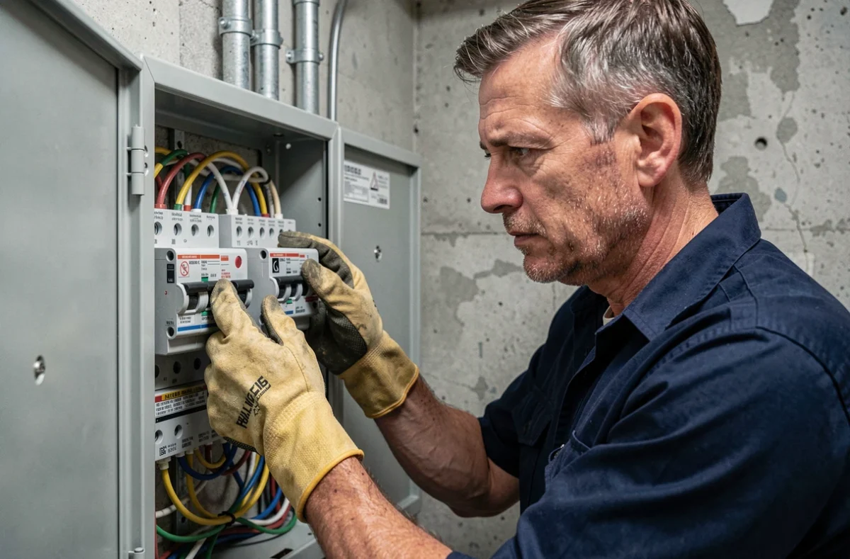 Électricien examinant un tableau électrique avec disjoncteurs de type A et AC lors d'une rénovation