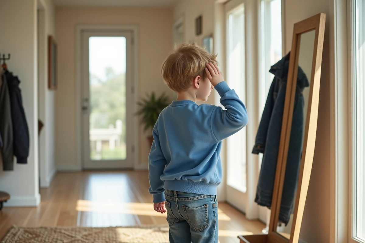 Jeune garçon regardant son reflet dans un miroir géométrique à l