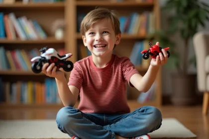 Enfant jouant avec un objet en forme de moto en bois dans un salon chaleureux